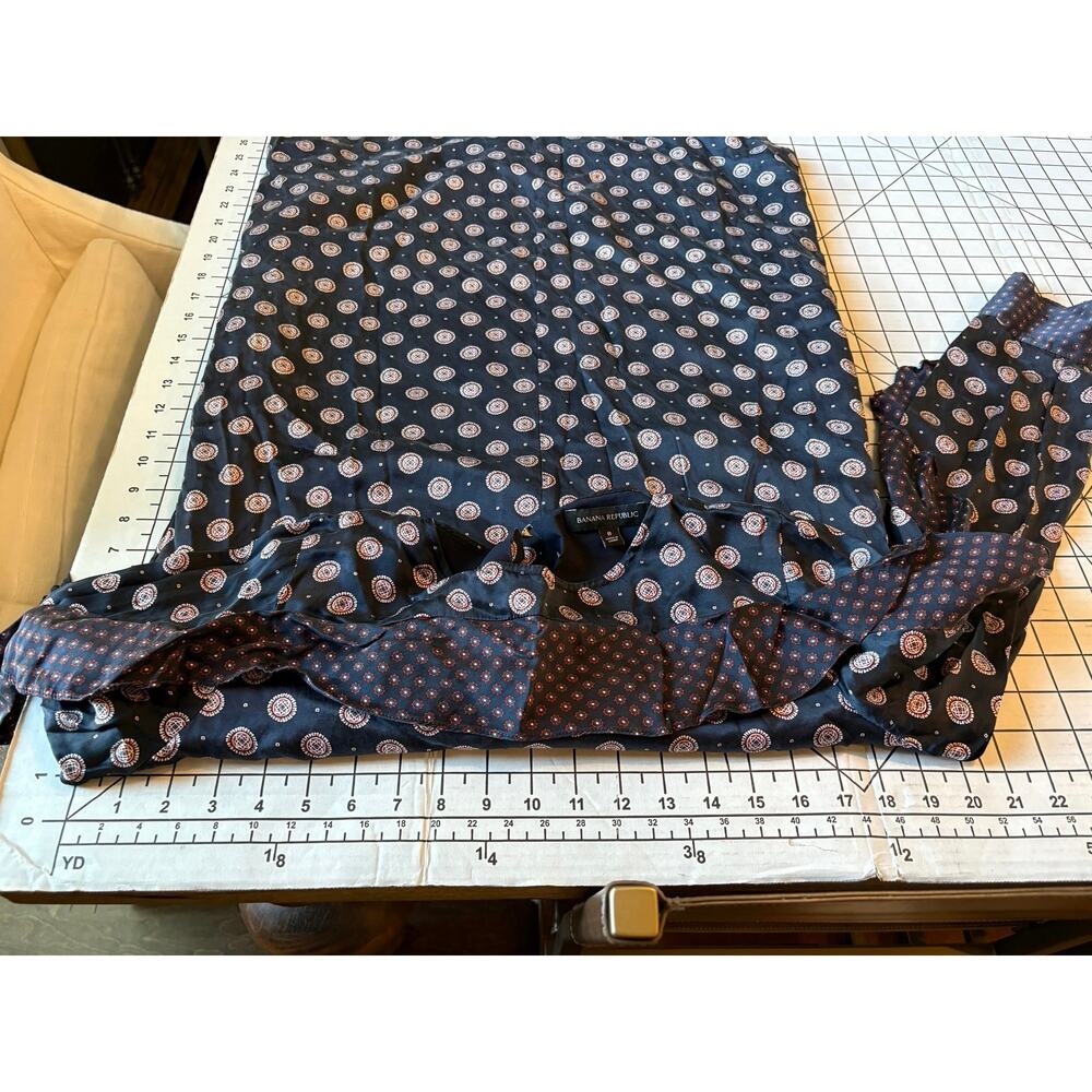 Banana Republic SILK Foulard Ruffle Blue Dress Long Sleeve Gold Stud Buttons 8‎ - Picture 11 of 14